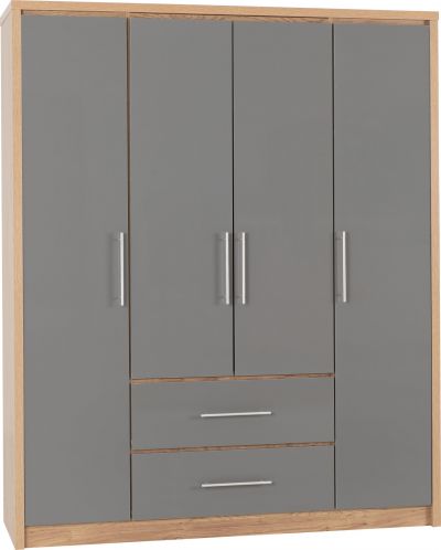 Seville High Gloss 4 Door 2 Drawer Wardrobe - Grey